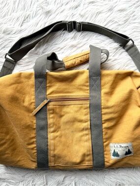 L.L. Bean Mustard Yellow Tan Field Canvas Duffle Bag Flannel Lined - flaws